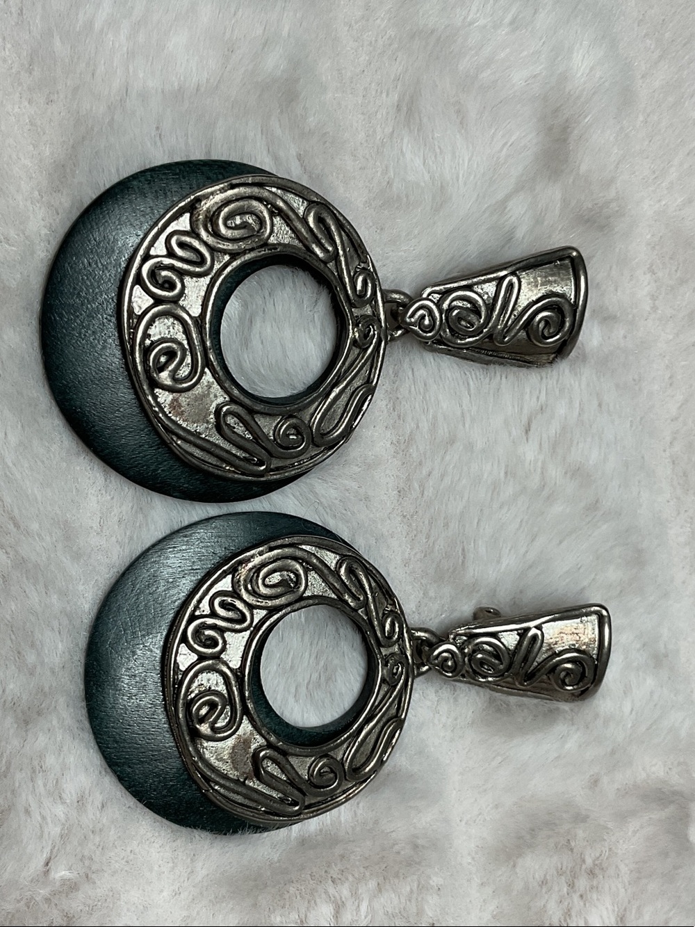 Silver-Tone Filigree and Black Circular Drop Earrings